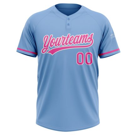 Personalized Unisex Softball Jersey in Light Blue and Pink-White, Two-Button Design Personalized Light Blue Pink-White Two-Button