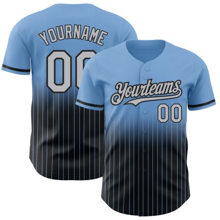 Custom Name and Number Personalized Baseball Jersey - Light Blue Pinstripe Gray-Black Authentic Fade Design Personalized