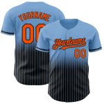 Customizable Light Blue Pinstripe Baseball Jersey with Orange-Black Fade, Team Name & Number - Authentic Fashion Style Personalized