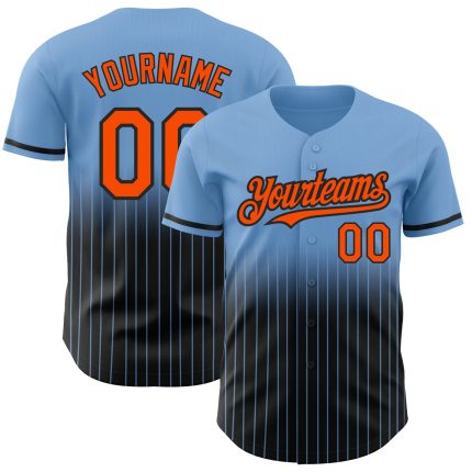 Customizable Light Blue Pinstripe Baseball Jersey with Orange-Black Fade, Team Name & Number - Authentic Fashion Style Personalized