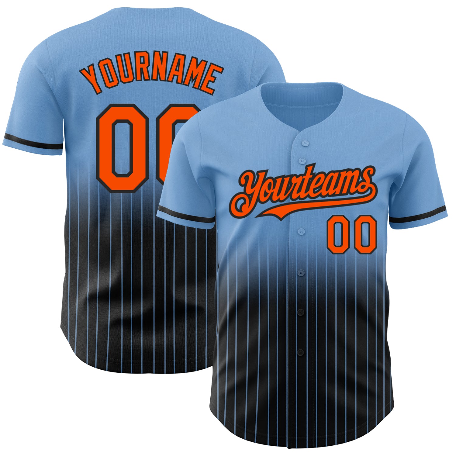 Customizable Light Blue Pinstripe Baseball Jersey with Orange-Black Fade, Team Name & Number - Authentic Fashion Style Personalized