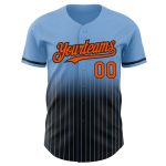 Customizable Light Blue Pinstripe Baseball Jersey with Orange-Black Fade, Team Name & Number - Authentic Fashion Style Personalized
