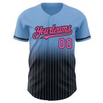 Custom Pink-Black Personalized Baseball Jersey with Light Blue Pinstripe, Authentic Fade, Team Name and Number Personalized