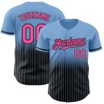 Custom Pink-Black Personalized Baseball Jersey with Light Blue Pinstripe, Authentic Fade, Team Name and Number Personalized