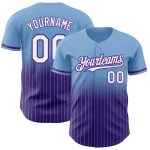 Custom Name & Number Light Blue Pinstripe Baseball Jersey - Authentic Fade Fashion, White-Purple Design Personalized Light