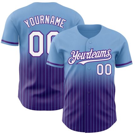 Custom Name & Number Light Blue Pinstripe Baseball Jersey - Authentic Fade Fashion, White-Purple Design Personalized Light