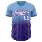 Custom Name & Number Light Blue Pinstripe Baseball Jersey - Authentic Fade Fashion, White-Purple Design Personalized Light