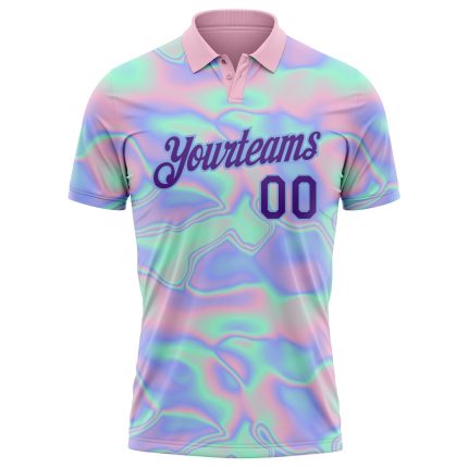 Custom Holographic Vaporwave Performance Golf Polo Shirt - Personalized Light Blue Purple 3D Abstract Design Team Name & Number