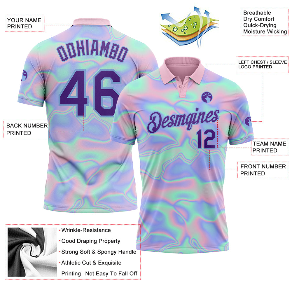 Personalized Light Blue Purple 3D Pattern Design Abstract Trendy Holographic Vaporwave Style Performance Golf Polo Shirt Team Custom Name and Number Custom Holographic Vaporwave Performance Golf Polo Shirt - Personalized Light Blue Purple 3D Abstract Design Team Name & Number - Image 3