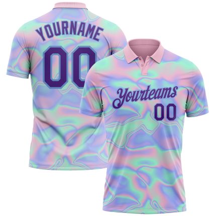 Custom Holographic Vaporwave Performance Golf Polo Shirt - Personalized Light Blue Purple 3D Abstract Design Team Name & Number