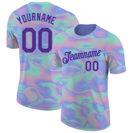 Custom Holographic Vaporwave T-Shirt with Personalized Name & Number | Light Blue Purple 3D Pattern Design Personalized Light