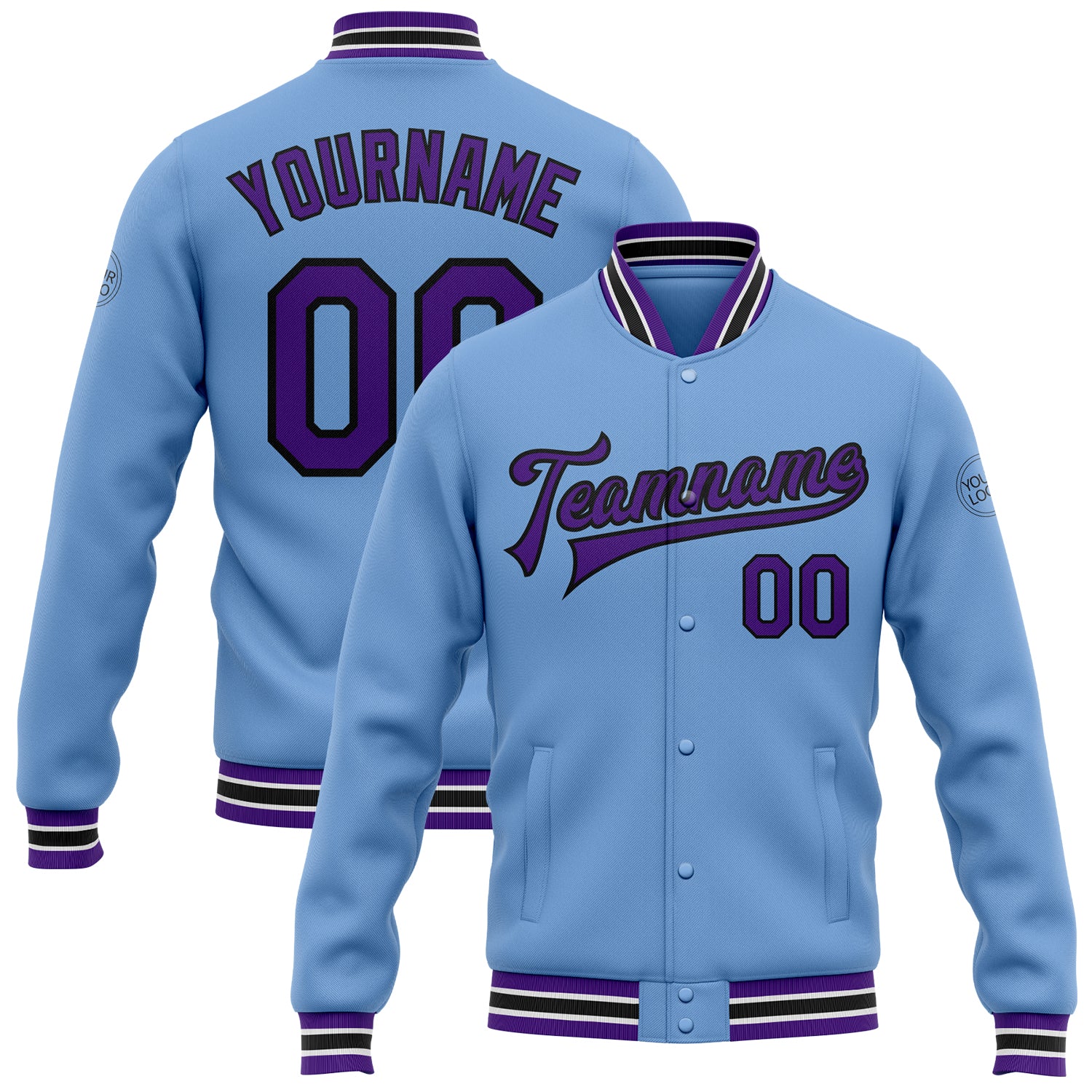 Custom Name and Number Varsity Letterman Jacket - Light Blue Purple-Black Bomber Full-Snap Design Personalized Light Blue
