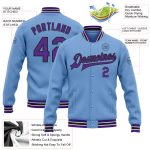 Custom Name and Number Varsity Letterman Jacket - Light Blue Purple-Black Bomber Full-Snap Design Personalized Light Blue