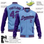 Custom Name Number Varsity Bomber Jacket Light Blue Purple Black Full-Snap Two Tone Letterman Style Personalized Light Blue