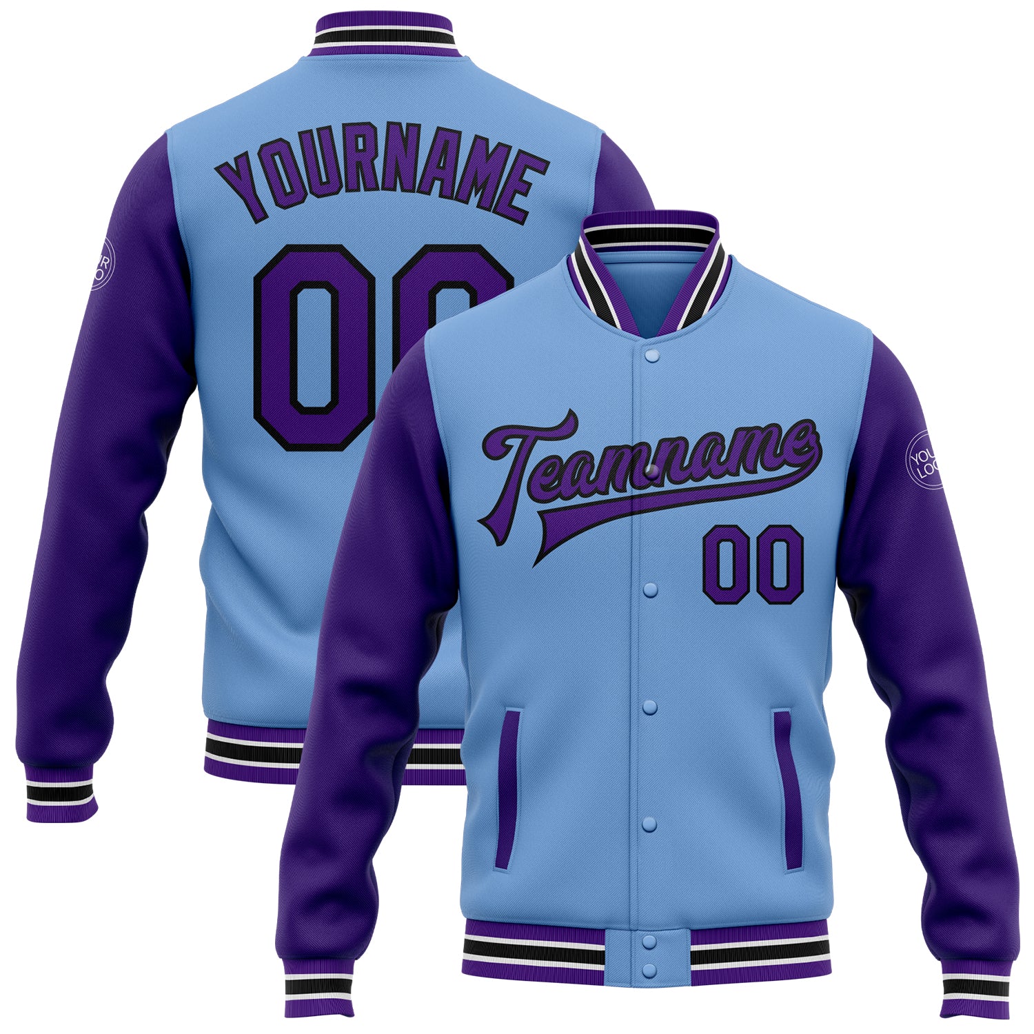 Custom Name Number Varsity Bomber Jacket Light Blue Purple Black Full-Snap Two Tone Letterman Style Personalized Light Blue