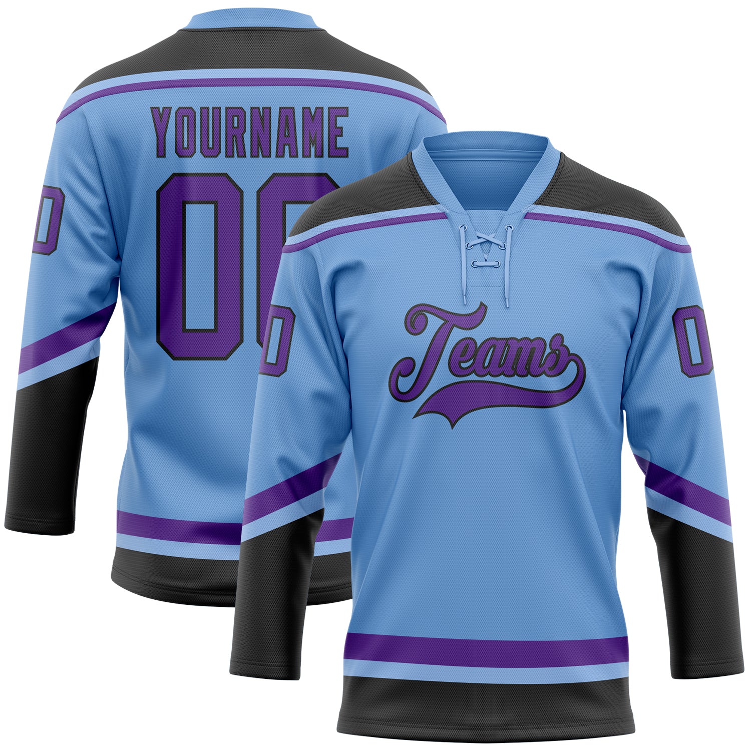 Custom Name and Number Light Blue Purple-Black Hockey Jersey Lace Neck - Personalized Team Apparel Personalized Light Blue