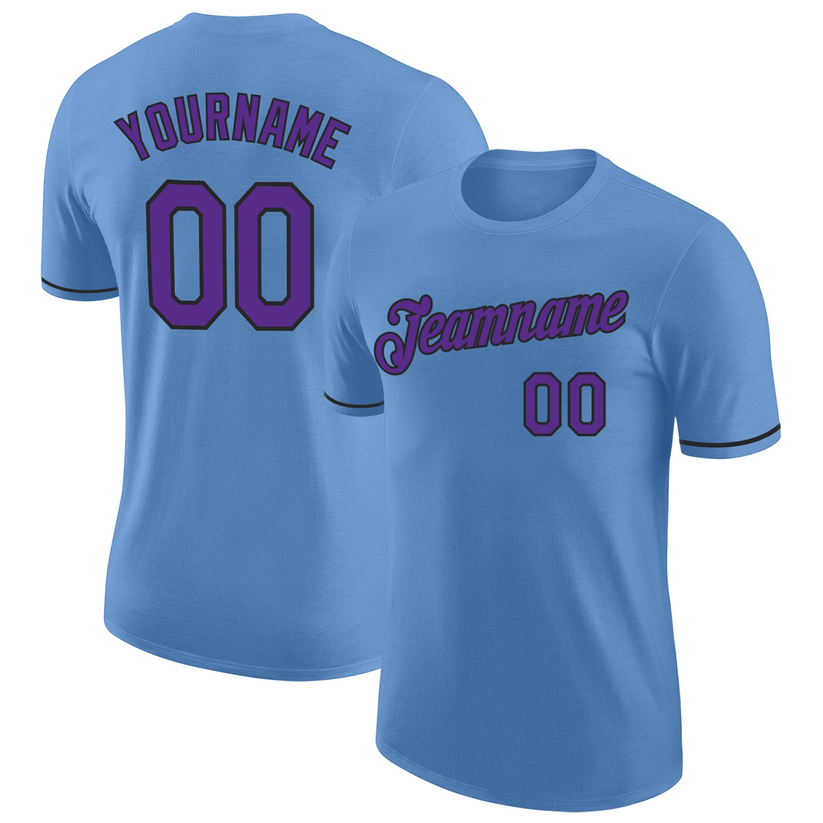 Custom Light Blue Purple-Black Performance T-Shirt with Team Name and Number - Personalized Sports Tee Personalized Light