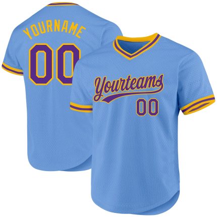 Custom Light Blue Purple Gold Baseball Jersey with Personalized Name and Number - Authentic Throwback Team Jersey Personalized