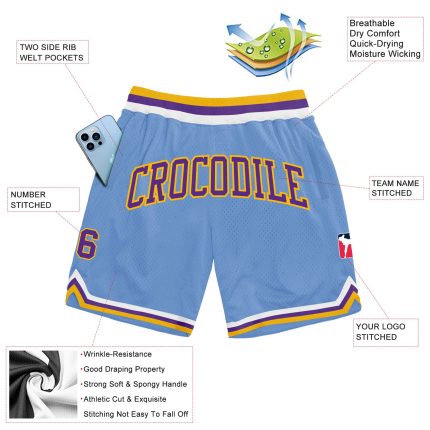 Personalized Custom Basketball Shorts with Name and Number - Light Blue Purple-Gold Authentic Throwback Design Personalized