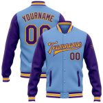 Custom Name Number Two-Tone Bomber Varsity Jacket Light Blue Purple Gold Full-Snap Team Outerwear Personalized Light Blue