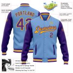 Custom Name Number Two-Tone Bomber Varsity Jacket Light Blue Purple Gold Full-Snap Team Outerwear Personalized Light Blue