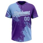 Custom Softball Jersey with Personalized Name & Number, Light Blue Purple White 3D Abstract Brush Stroke Design, Unisex Two-Button