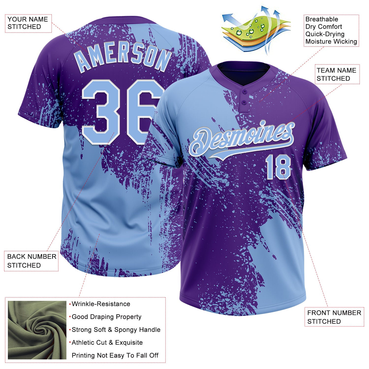 Personalized Light Blue Purple-White 3D Pattern Abstract Brush Stroke Two-Button Unisex Softball Jersey Team Custom Name and Number Custom Softball Jersey with Personalized Name & Number, Light Blue Purple White 3D Abstract Brush Stroke Design, Unisex Two-Button - Image 3