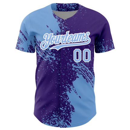 Custom Name and Number Baseball Jersey - Unique Light Blue Purple 3D Brush Stroke Abstract Design Personalized Light Blue