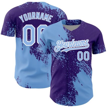Custom Name and Number Baseball Jersey - Unique Light Blue Purple 3D Brush Stroke Abstract Design Personalized Light Blue