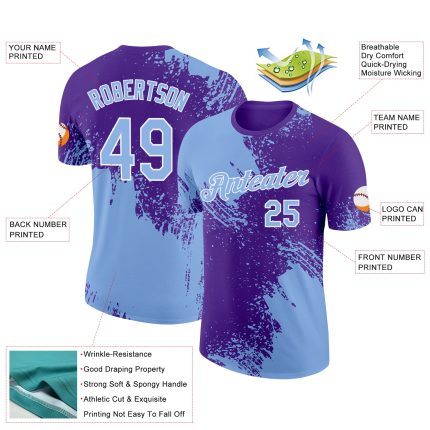 Custom Name and Number Performance T-Shirt - Abstract 3D Brush Stroke Design in Light Blue and Purple-White Personalized