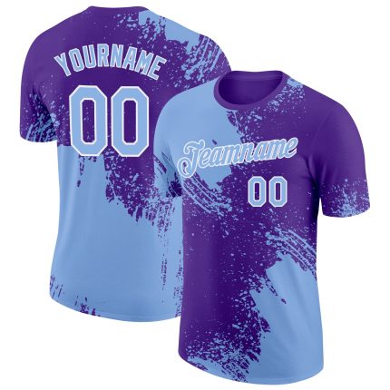 Custom Name and Number Performance T-Shirt - Abstract 3D Brush Stroke Design in Light Blue and Purple-White Personalized