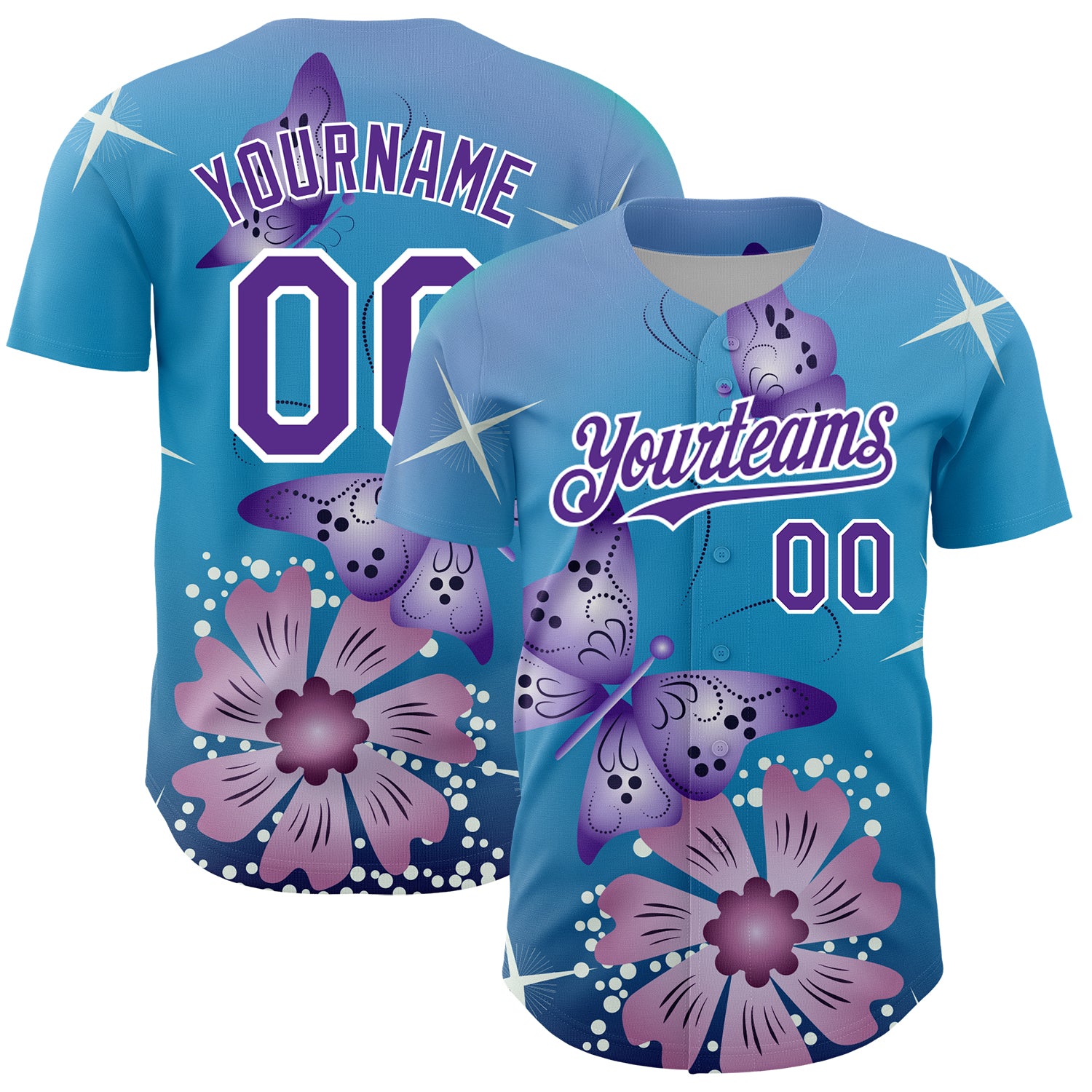 Custom Name Number 3D Butterfly Flower Baseball Jersey - Light Blue Purple-White Design, Personalized Team Apparel Personalized