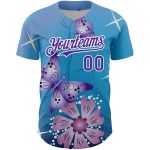 Custom Name Number 3D Butterfly Flower Baseball Jersey - Light Blue Purple-White Design, Personalized Team Apparel Personalized