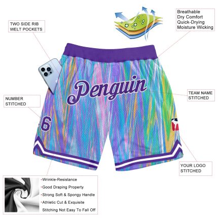 Custom Basketball Shorts with 3D Zigzag Pattern in Light Blue Purple-White - Personalized Name and Number Personalized Light