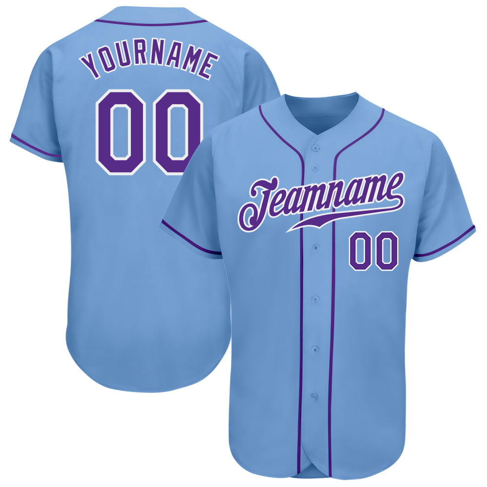 Custom Name and Number Authentic Baseball Jersey in Light Blue Purple-White - Personalized Team Apparel Personalized Light