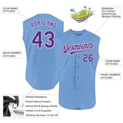 Personalized Sleeveless Baseball Jersey in Light Blue Purple-White Authentic Design Personalized Light Blue Purple-White