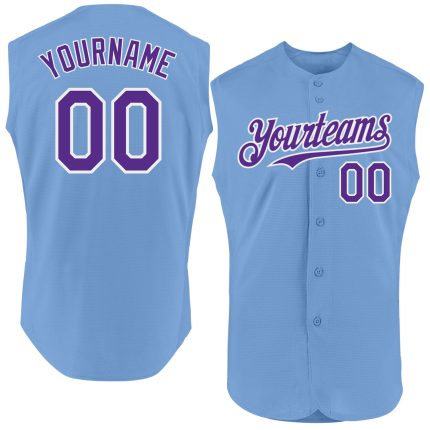Personalized Sleeveless Baseball Jersey in Light Blue Purple-White Authentic Design Personalized Light Blue Purple-White