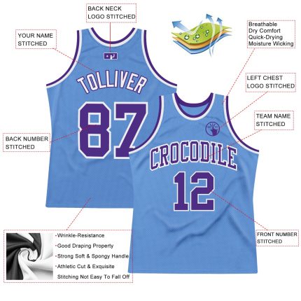 Custom Name and Number Authentic Throwback Basketball Jersey - Light Blue Purple White Personalized Light Blue Purple-White