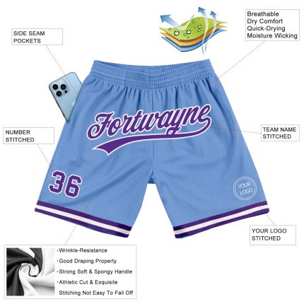 Light Blue Purple White Personalized Authentic Throwback Basketball Shorts Personalized Light Blue Purple-White Authentic