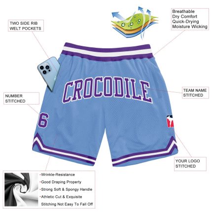 Custom Light Blue Purple-White Basketball Shorts with Personalized Name & Number - Authentic Throwback Design Personalized