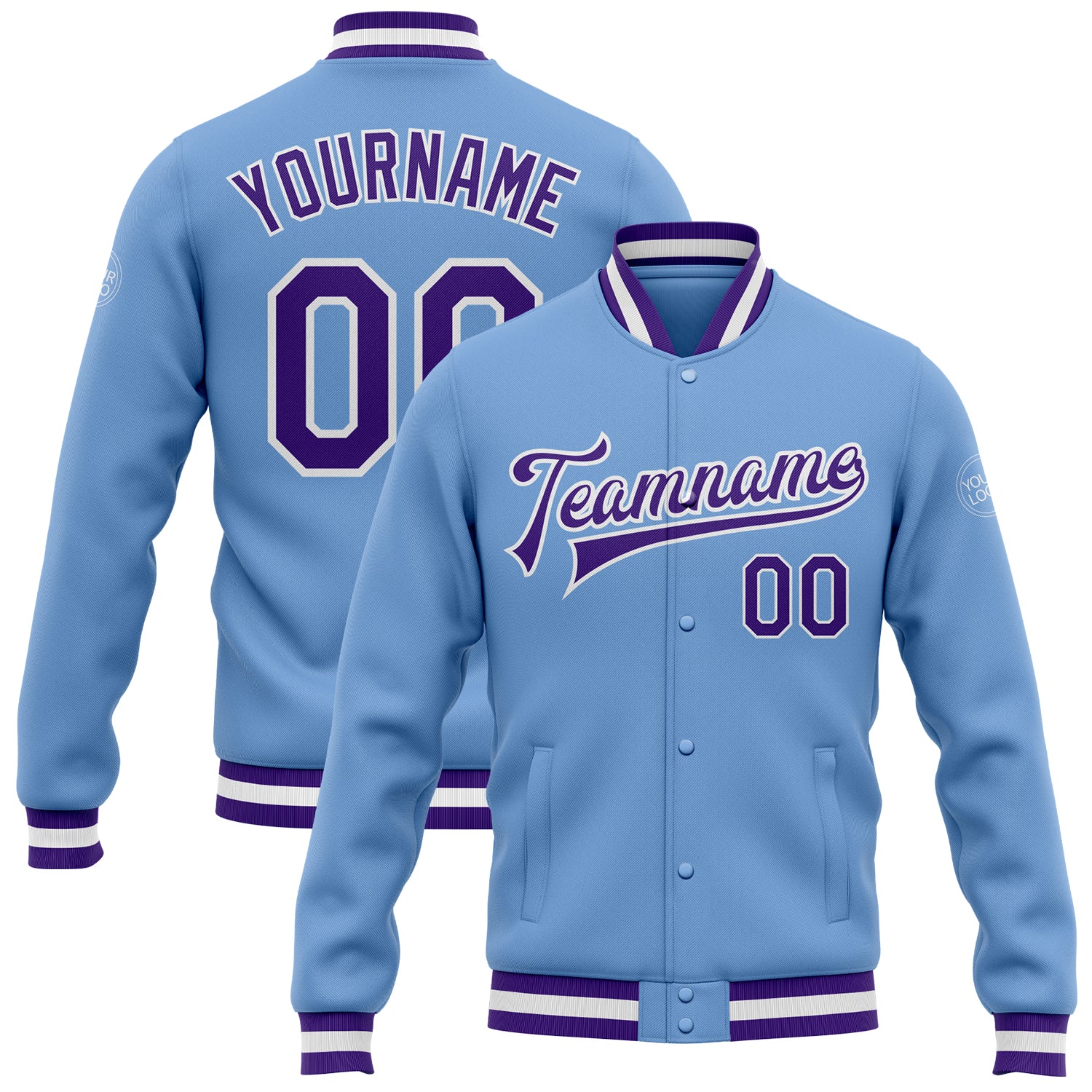 Custom Varsity Letterman Jacket - Personalized Light Blue Purple White Full-Snap Bomber with Team Name & Number Personalized