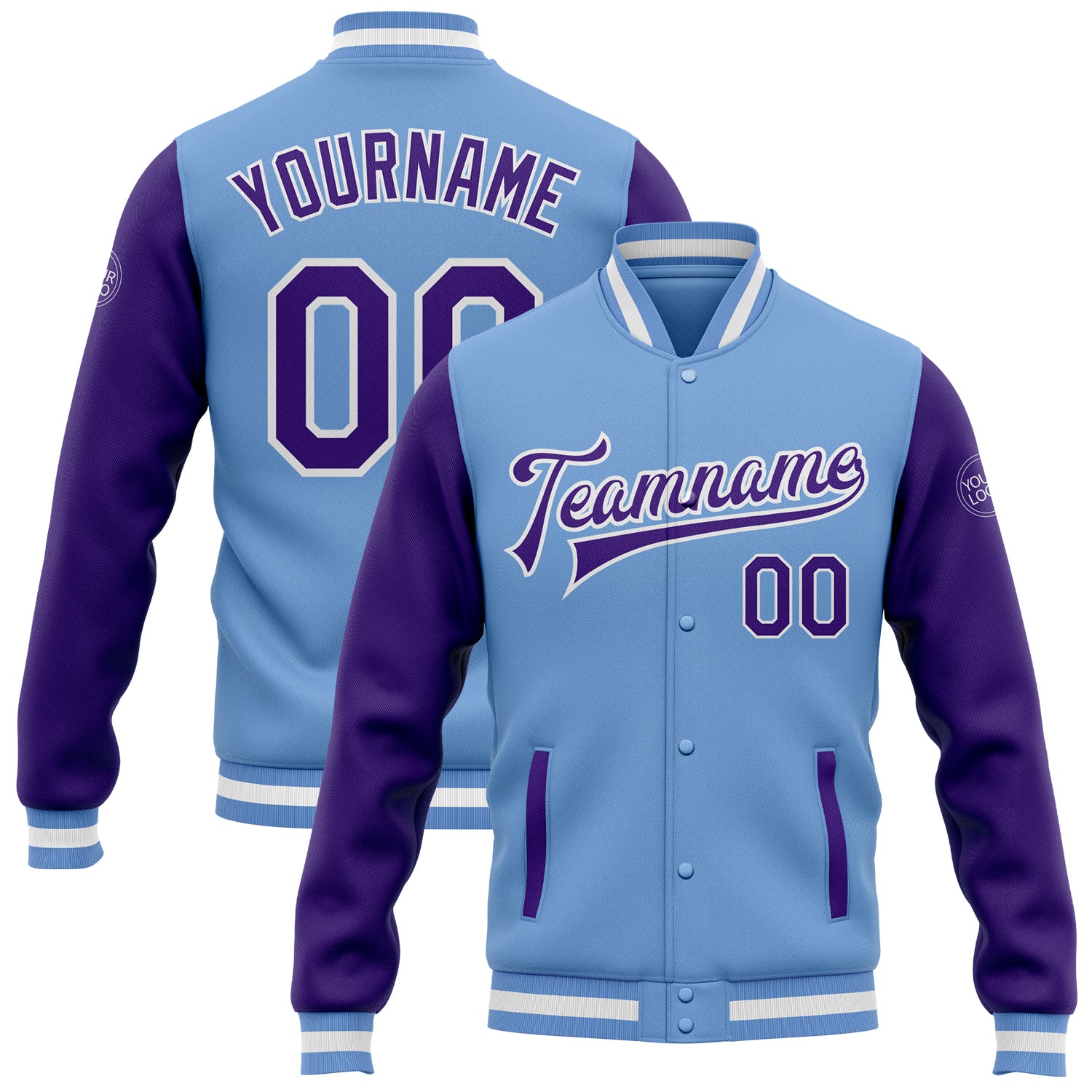 Custom Two Tone Bomber Varsity Jacket with Personalized Name & Number - Light Blue Purple-White Full-Snap Letterman Apparel
