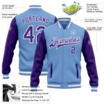 Custom Two Tone Bomber Varsity Jacket with Personalized Name & Number - Light Blue Purple-White Full-Snap Letterman Apparel