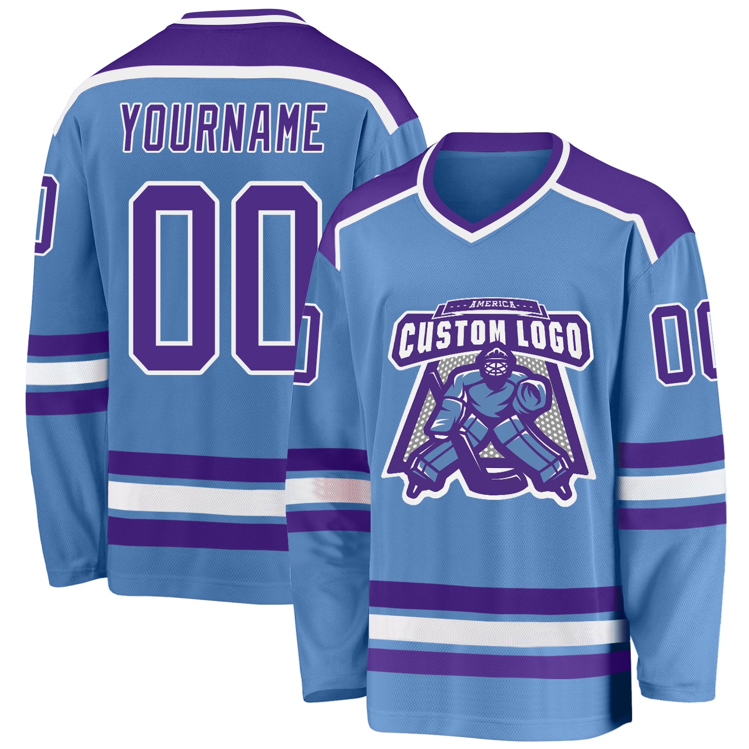 Personalized Hockey Jersey in Light Blue Purple and White - Customizable Team Apparel Personalized Light Blue Purple-White