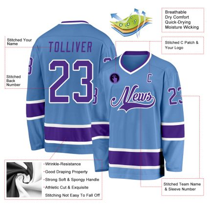 Custom Name and Number Hockey Jersey - Personalized Light Blue Purple White Team Jersey Personalized Light Blue Purple-White
