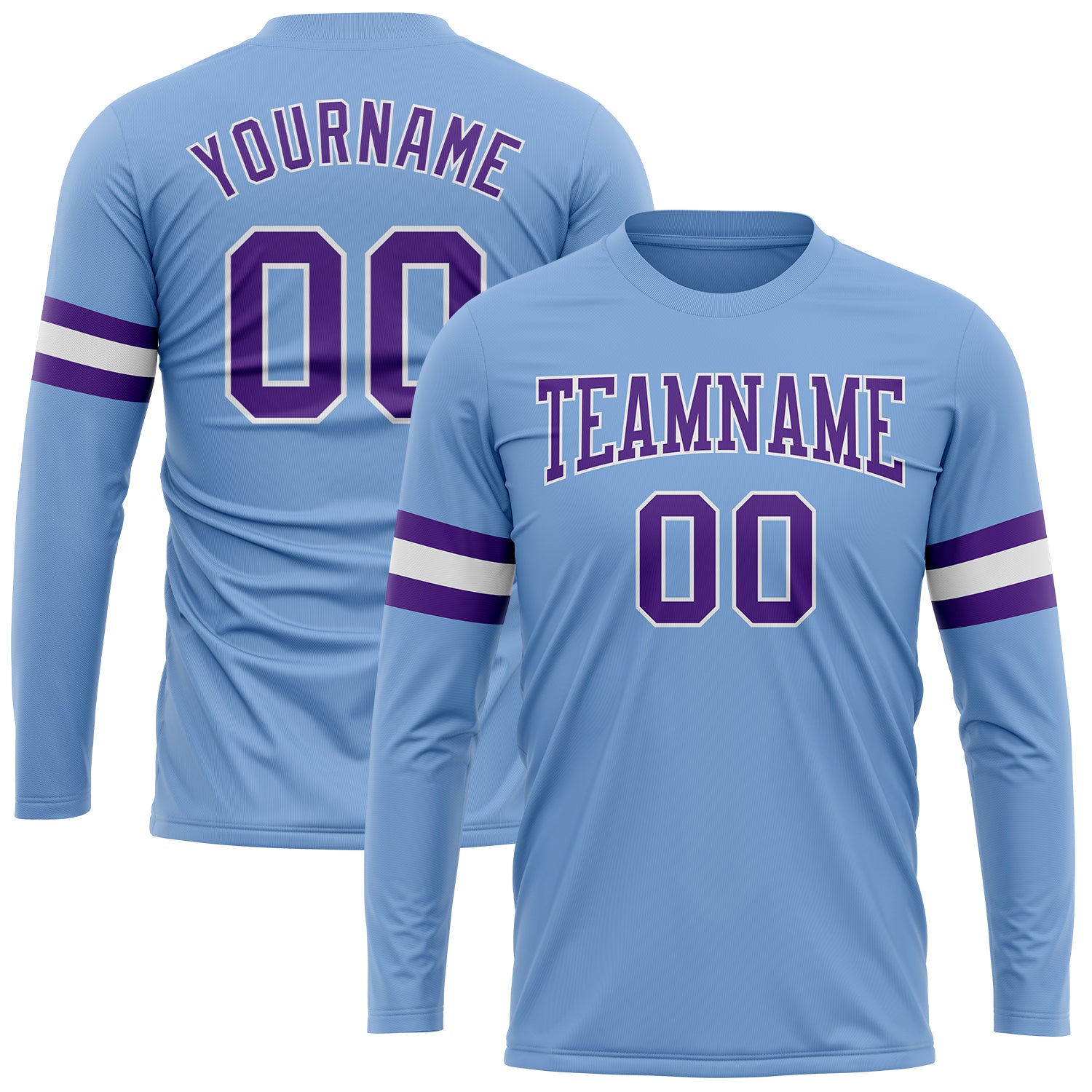 Custom Team Performance T-Shirt with Name and Number - Light Blue Purple-White Long Sleeve Personalized Light Blue Purple-White