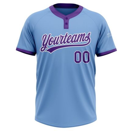 Custom Name and Number Unisex Softball Jersey - Personalized Light Blue Purple-White Two-Button Design Personalized Light