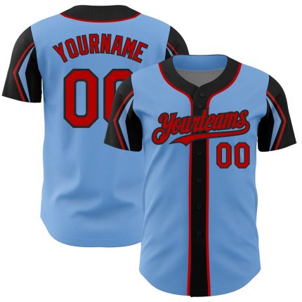 Custom Baseball Jersey with Name and Number - Personalized Light Blue Red-Black 3 Color Arm Shapes Personalized Light Blue