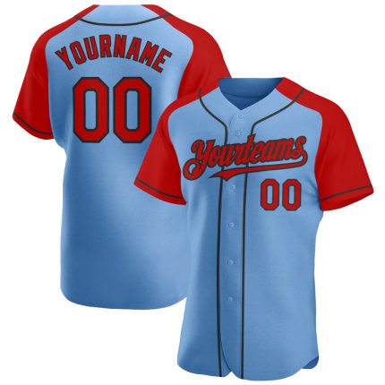 Custom Name and Number Baseball Jersey - Authentic Light Blue Red-Black Raglan Sleeves Personalized Light Blue Red-Black
