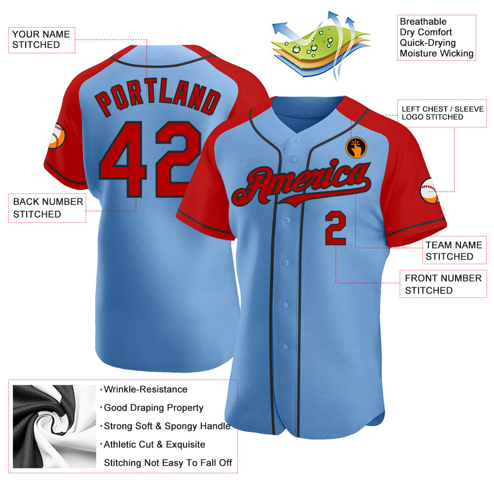 Personalized Light Blue Red-Black Authentic Raglan Sleeves Baseball Jersey Team Custom Name and Number Custom Name and Number Baseball Jersey - Authentic Light Blue Red-Black Raglan Sleeves Personalized Light Blue Red-Black - Image 3